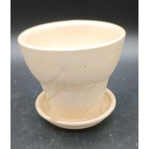 Vtg Ceramic Planter Small Ivory Attached Saucer Leaves Waving Grass
